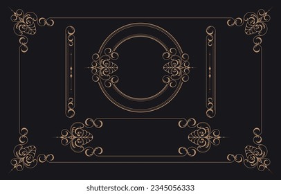 Golden border frame set template with ornamental corner lines and ornament circles inside, vector frame decoration pattern style