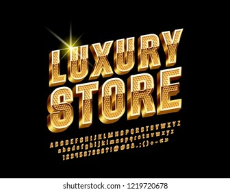 Golden border and pattern chic Logo for Luxury Store. Vector set of Alphabet Letters, Numbers and Punctuation Symbols. Rotated exclusive Font.