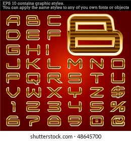 Golden bordered typeface. File contains graphic styles available in the Illustrator 10 + You can apply the styles to any of you own fonts or objects