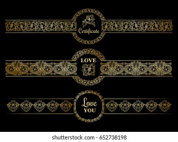 Golden borders set with gold circles on the black background. Templates for documents, certificate and wedding design or invitations