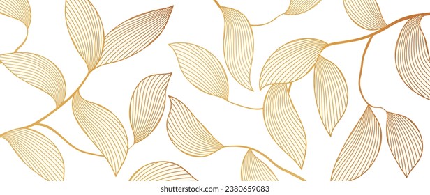 Golden botanical leafy background. Luxury wallpaper with hand drawn golden leaves, leaves and branches. Elegant botanical design for banner, invitation, packaging, wall art.	