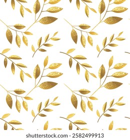 Golden botanical seamless pattern, background with plants. Gold colored floral seamless pattern with leaves. 