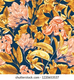 Golden Botanical Seamless Vector Pattern