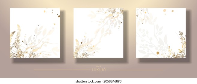 Golden botanical wall set. Square templates with thin shiny line line art of foliage. Abstract plant design for social networks, print, natural wall art. Vector illustration.