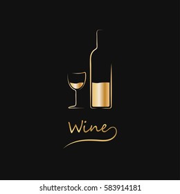 Golden Bottle, Glass Of Wine. Icon, Symbol, Logo Alcohol. For The Menu, Bar, Restaurant, Wine List. Minimal.