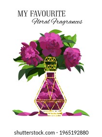 A Golden Bottle of Perfume with a Floral Scent of pink Peonies or Rose. Cosmetic Beauty Product. Scent Fragrance. Women Perfume for her. Can be used in Greeting Cards or Invitations with Poster.