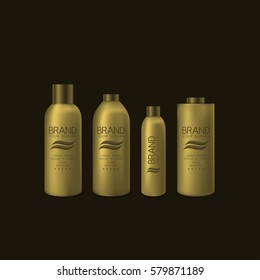 Golden bottle set. Package collection for cream, soups, foams, shampoo and other cosmetics