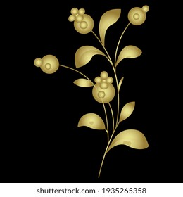 Golden bough. Blooming branch with fruits and leaves. Glossy gold silhouette on black background. Beautiful floral motif. Folk style.