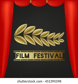 Golden Bough. Leaflets. Festival symbol. Text - festival film. Camera film 35 mm roll gold, festival movie poster. Red curtains, black background. Vector illustration.