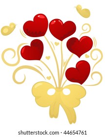 Golden bouquet red hearts, butterflies, element for design, vector illustration