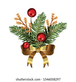 golden bow christmas with leafs and balls vector illustration design