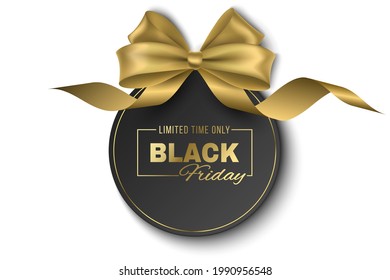 Golden bow and curly ribbon with tag isolated on white background for Black Friday sale. Vector, luxurious label to advertise your business promotions. Commercial discount event. EPS 10.