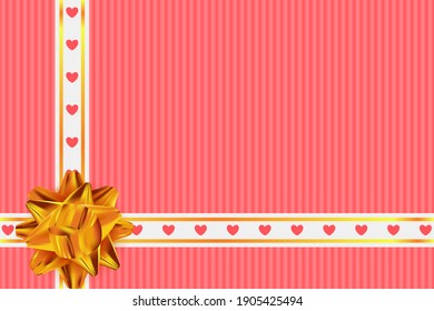 Golden bow and decorated ribbon. Festive design for Valentine's day, Wedding, Mother's Day