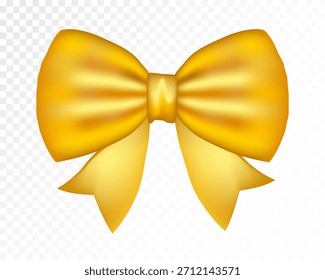 Golden bow decorative element in glossy ribbon style, shiny yellow gift bow illustration for invitations, packaging, stickers and holiday designs. Vector illustration.