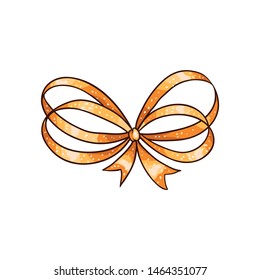 Golden bow hand drawn vector isolated illustration. Ribbon knot cartoon drawing on white background. Bowknot doodle sticker xmas clipart. Bow-tie colored greeting card design element