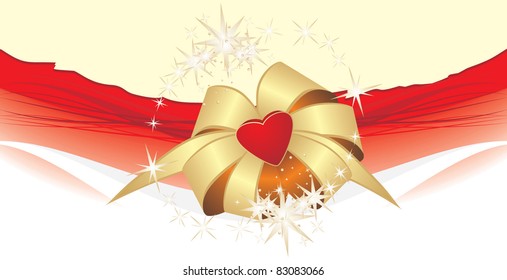 Golden bow with heart on the decorative background. Holiday banner. Vector