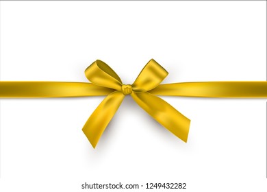 Golden bow and horizontal gold ribbon isolated on white background. Vector decorative yellow bow