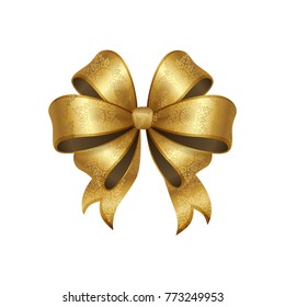 Golden bow knot with five loops vector illustration decorative element isolated on white background. Satin gold ribbon, silk tape for your design