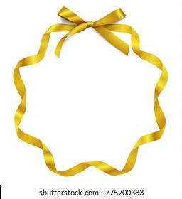 Golden bow with long ribbon isolated on white. Decorative holiday frame for tag decor. Vector illustration