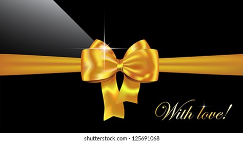 Golden bow and With love words on glossy black. Vector illustration