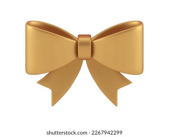 Golden bow metallic knot for holiday gift package 3d icon realistic vector illustration. Premium tied ribbon glossy greeting festive birthday anniversary party congratulations decor element isolated