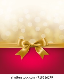 golden bow on red background with light bokeh effects. vector illustration