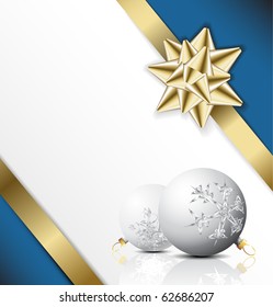 golden bow on a ribbon with white and blue background - vector Christmas card