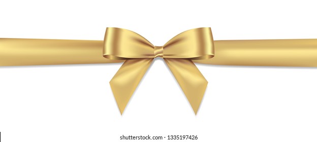 Golden bow realistic shiny satin and ribbon horizontal line with shadow vector EPS10  for decorate your greeting card,website or gift card, isolated on white background.