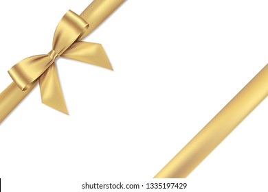 Golden bow realistic shiny satin and ribbon place on corner of paper with shadow,vector EPS10 for decorate your Wedding Ceremony Cards,website or gift card,isolated on white background.