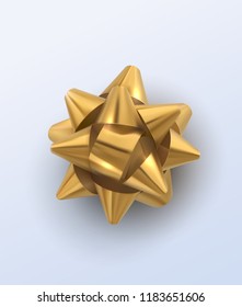 Golden bow. Realistic vector illustration. Glossy bow isolated on white. Festive decorative element for design. Holiday ornament for gift decoration