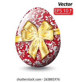 golden bow, red marsala easter egg, floral white pattern, isolated on a white background vector illustration