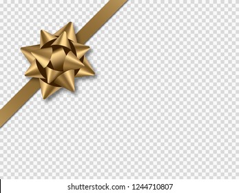 Golden bow with ribbon isolated on transparent background. Realistic design element for cards, invitations, posters and banners. Vector illustration