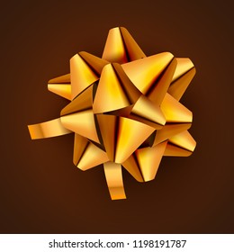Golden bow ribbon isolated. Vector illustration for celebration birthday card. Festive gold bow decoration for holiday gift.