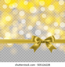 golden bow ribbon and light effects bokeh on transparent grid background. vector design template with decorative elements 