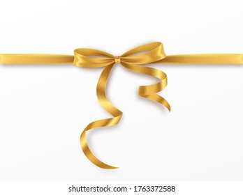 Golden Bow and Ribbon on white background. Realistic gold bow for decoration design Holiday frame, border. Vector illustration EPS10