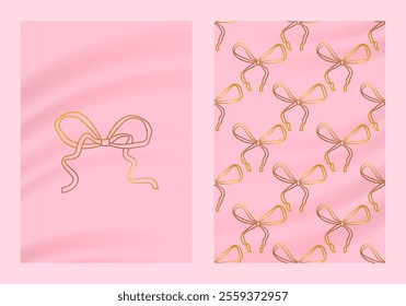 Golden bow ribbons. Coquette vintage aesthetic. Quirky wavy bow. Set of pink greeting cards. Whimsical ribbon in retro coquette aesthetic