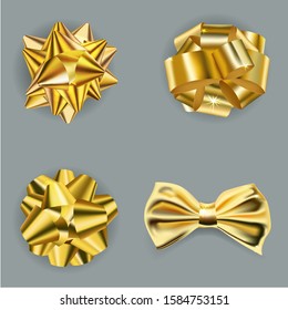Golden bow set vector realistic illustration isolated on grey background