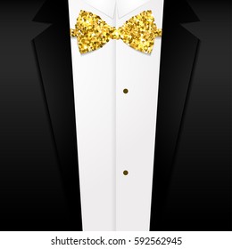 Golden bow tie Vector illustration Shiny golden bow tie on background of a tuxedo Realistic style