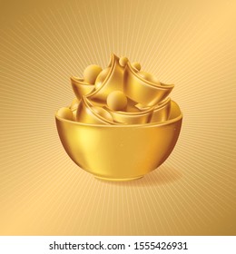 Golden bowl with Chinese Ingots. Chinese new year.