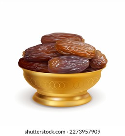 Golden bowl with dried dates isolated on white. Traditional food for Ramadan fasting. Sweet dish for Iflar party. Vector illustration.