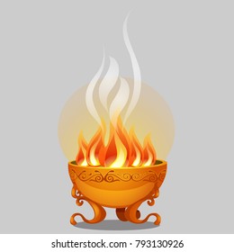 Golden bowl of fire isolated on a grey background. Vector cartoon close-up illustration.