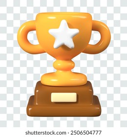 Golden bowl on wooden stand with blank plate. Trophy cup in 3D funny style