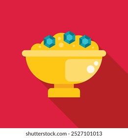 Golden bowl overflowing with precious gemstones, concept of wealth and abundance, flat design icon with long shadow