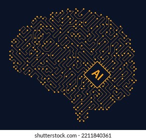 Golden Brain circuit board. Golden Brain technology. Artificial intelligence in Golden Brain shape isolated on dark Blue background. CPU Organ Circuit board.