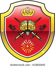 Golden brain. Shield with swords. Royal mind. 