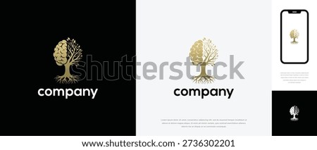 Golden Brain Tree Logo Design. Mind Nature Growth Knowledge Intelligence Company Symbol.