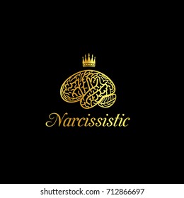 Golden brain vector abstract narcissistic icon with crown on black background. Thinking Brain gold color logo template.
