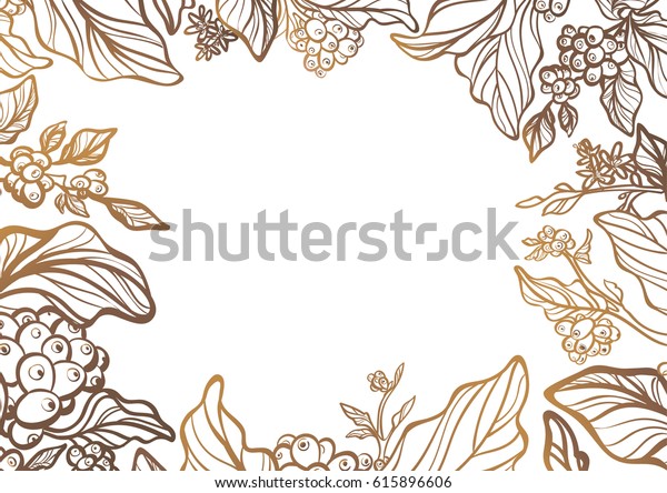 コーヒーの木の金色の枝で 葉 花 コーヒー豆が付いています 植物図 デザインテンプレート用の 花柄デコール グリーティングカード 背景 雑誌 ウェブサイト用のベクターイラスト のベクター画像素材 ロイヤリティフリー