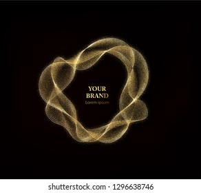 Golden Brand Design. Abstract Gold Wave strips into circle on black background. Shiny moving lines design element with glitter effect for your business badges, stickers, banners