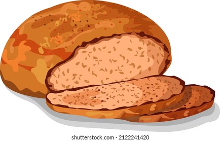 Golden bread with a crispy crust in an oval shape, cut into pieces that lie side by side, vector image isolated on white background